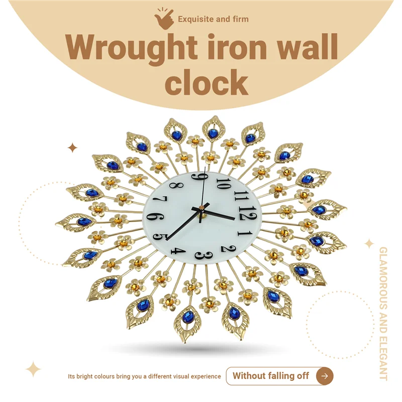 

A93Z Luxury Artificial Crystal Diamond Large Wall Clock Metal Living Room Wall Clock Home Art Decoration ( 1 Gold)