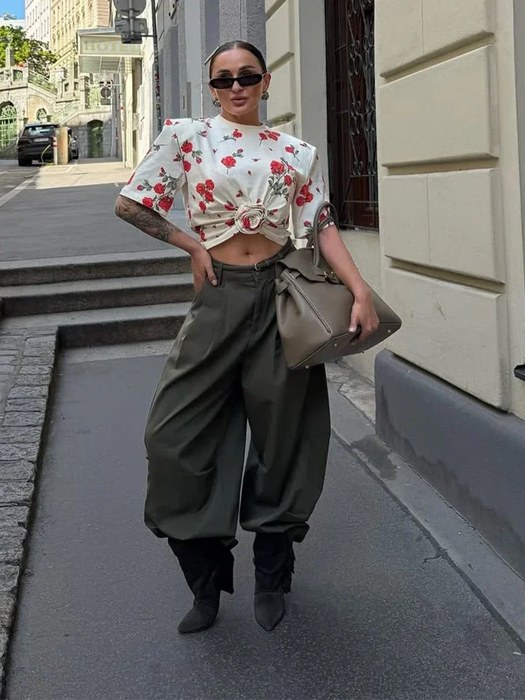 

Women's Elegant O-neck T-shirt 3d Flower Waist-leaked Top Fashion 2025 Summer Short Sleeve Shoulder Pad Streetwear Short Tops