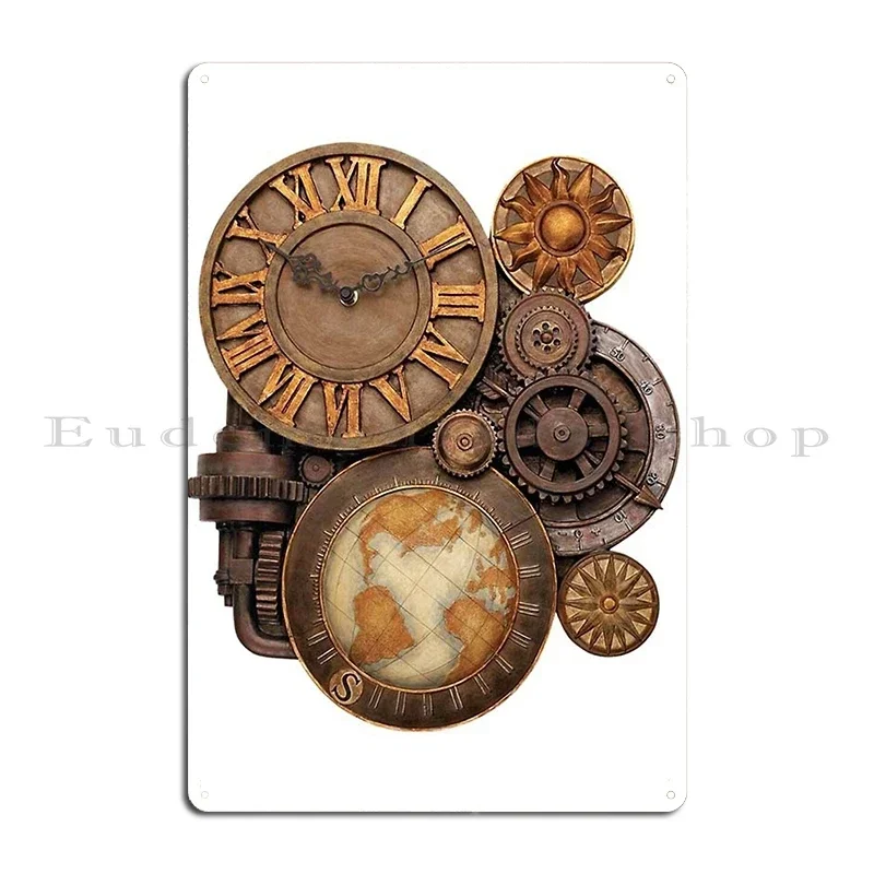Repeating design of steampunk round objects Brown steampunk clocks and gears Metal Plaque Designing Club Tin Sign Poster