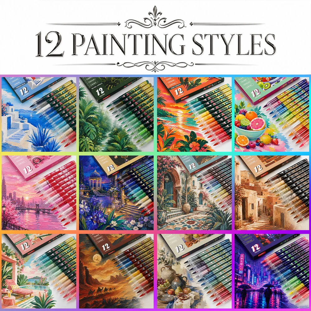 12 Pcs Acrylic Brush Marker Set 12 Tones Assorted Color Series Waterproof Art Markers Canvas Glass Wood Ceramic Stationery Items