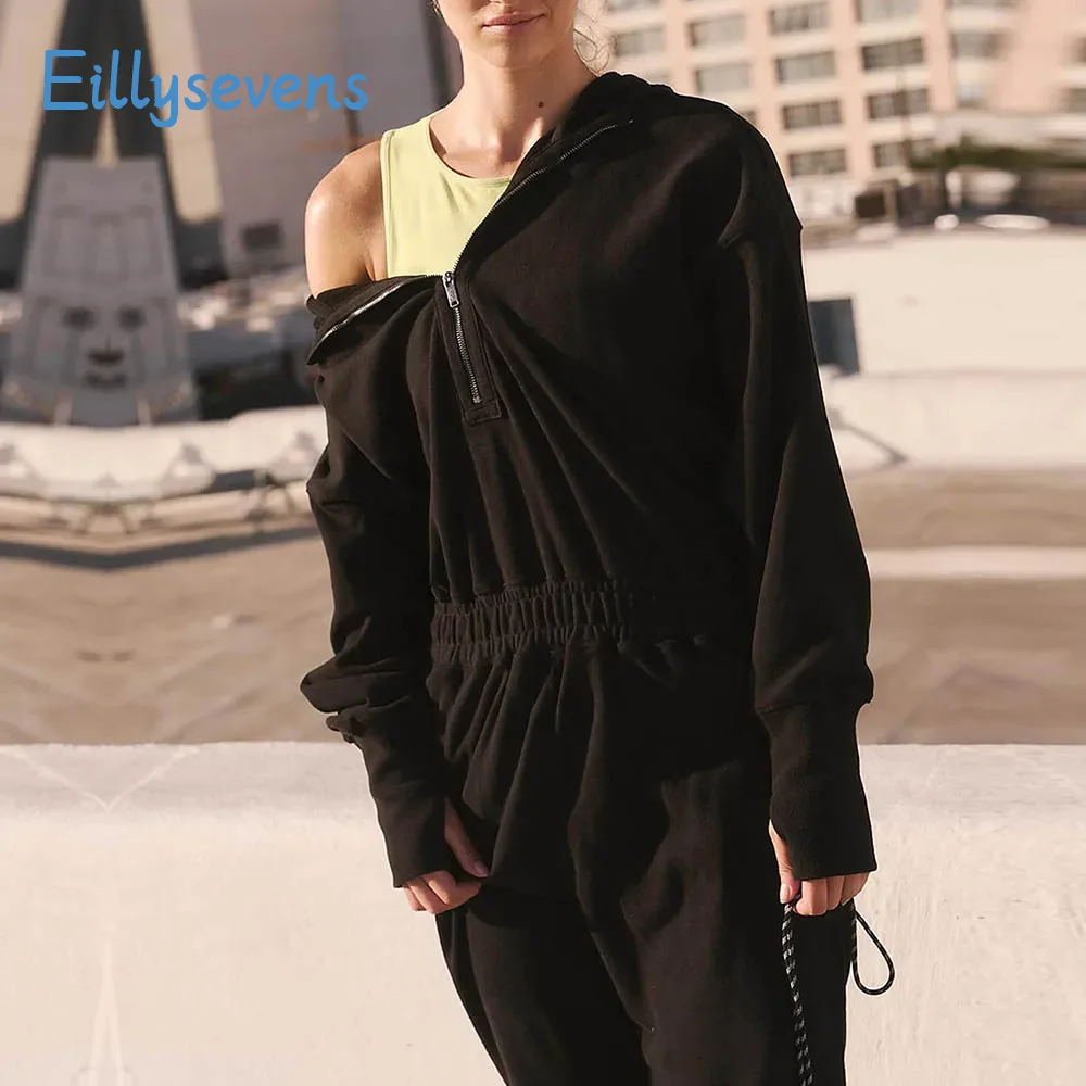 Women'S Solid Color Jumpsuits Elastic Waist Hooded  Zip Up Long Sleeve Rompers With Pockets Fashion Trend Fitting Streetwear