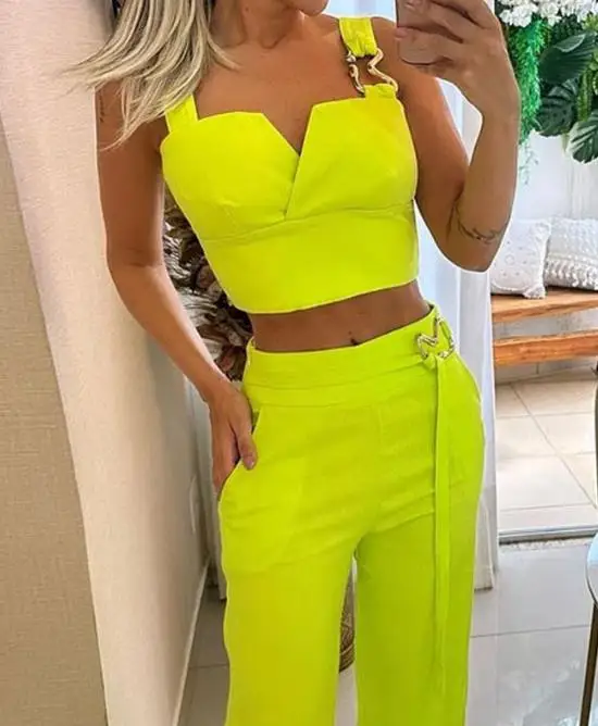 2 Piece Set Women Outfit Summer New Fashion Casual Sleeveless Square Neck Top & Elegant Loose Wide Leg Pants Trousers Pants Sets