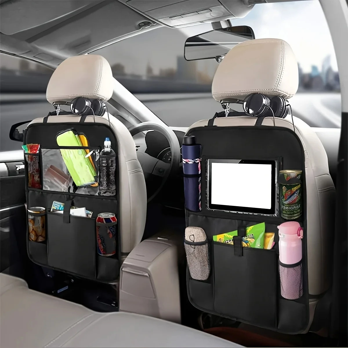 Bolsa de armazenamento para encosto de carro, cor preta, com proteção contra chutes, bolsa de armazenamento para carro, bolsa de armazenamento em tecido Oxford para o encosto do banco, bolsa plana para o encosto do banco do carro, 1 unidade.