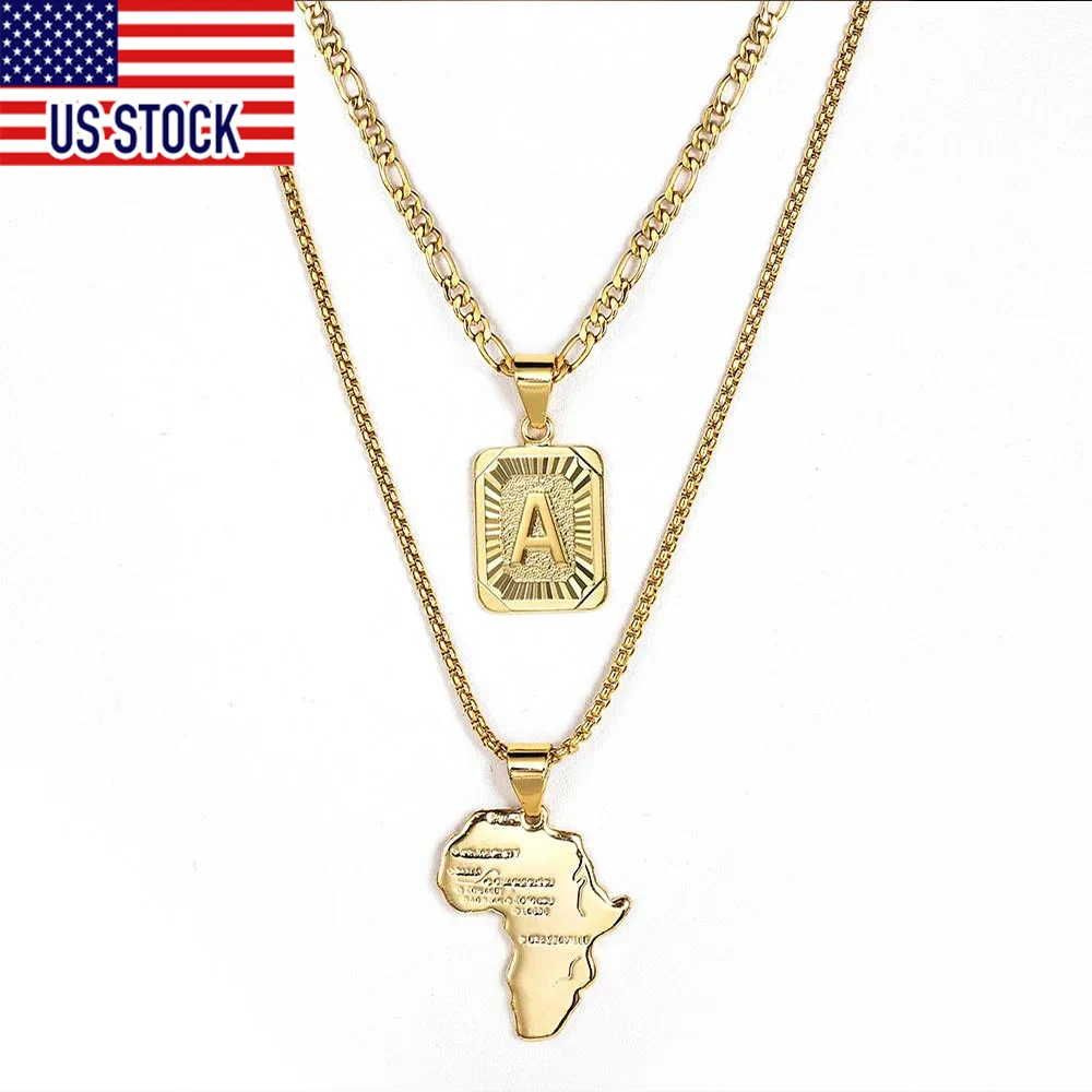 2 Sets Gold Color Letter Pendant Figaro Necklace Africa Map Pendant Box Chain Stainless Steel Link Fashion Jewelry GP62-56