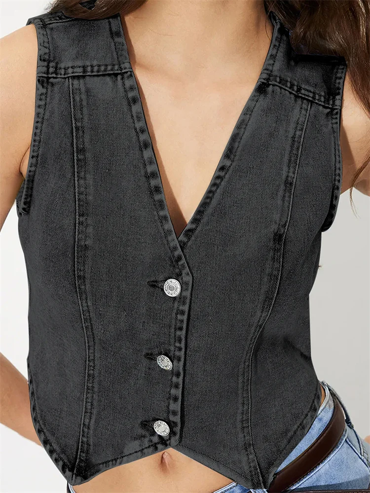 CHRONSTYLE Women Denim Mini Vests Sleeveless V Neck Buttons Up Tank Solid Color Party Club Outwear Gilet for Casual Street 2025