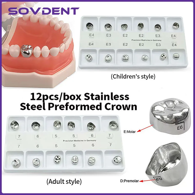 12Pcs/Box Dental Preformed Metal Crown For Adult Kids Primary Molar Teeth Stainless Steel Temporary Crowns Dentist Materials