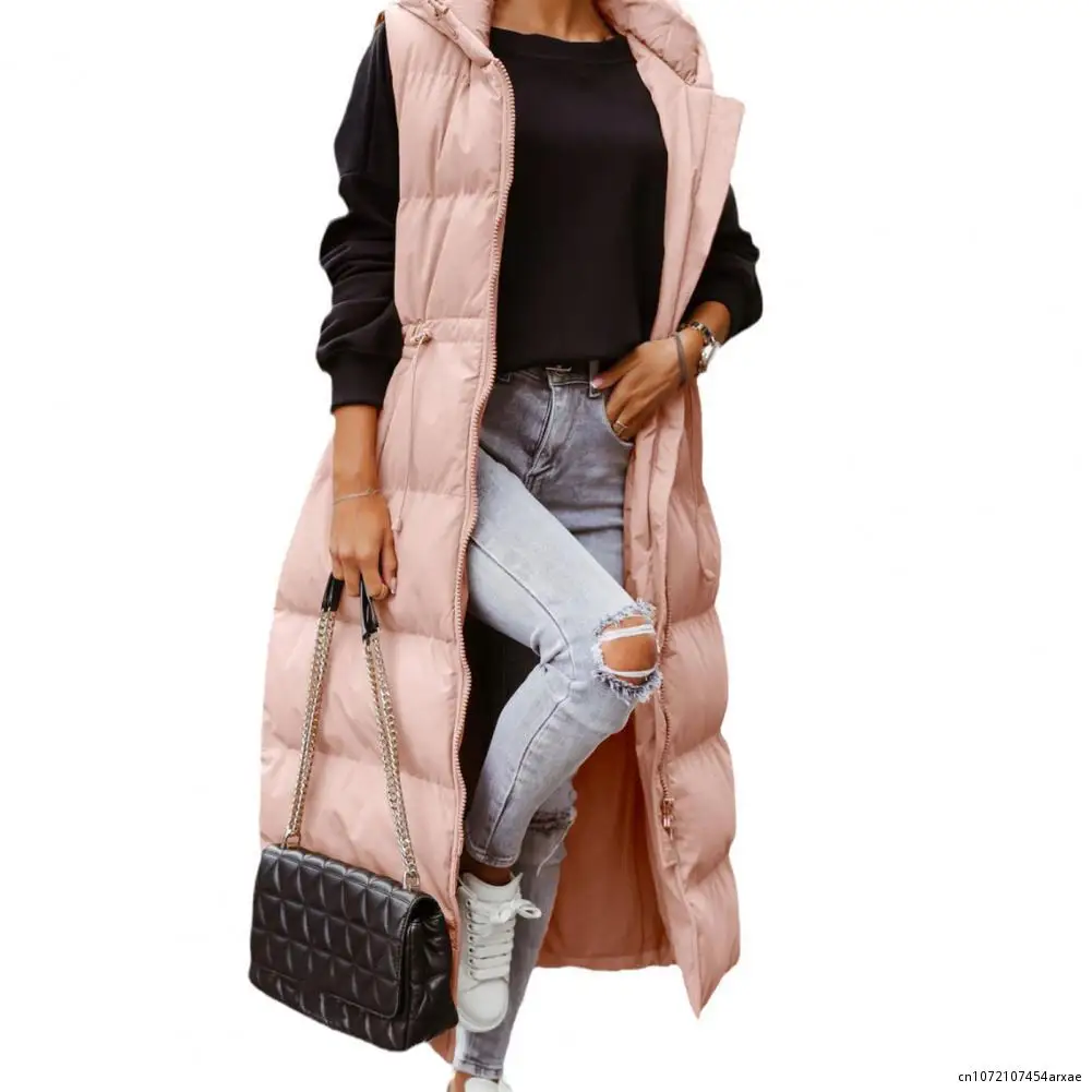 Gilet senza maniche da donna piumino lungo in cotone con cerniera tasche con cappuccio senza maniche autunno inverno donna piumino cappotto giacca