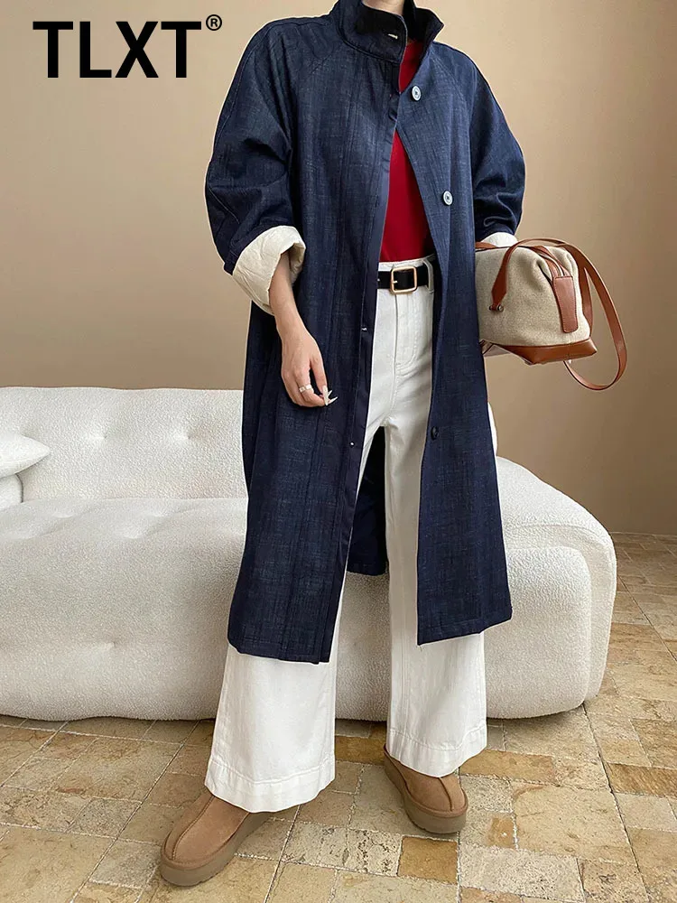 

TLXT модный женский элегантный ветрозащитный воротник-стойка однобортный облегающий джинсовый плащ большого размера женский зима 2025 новинка