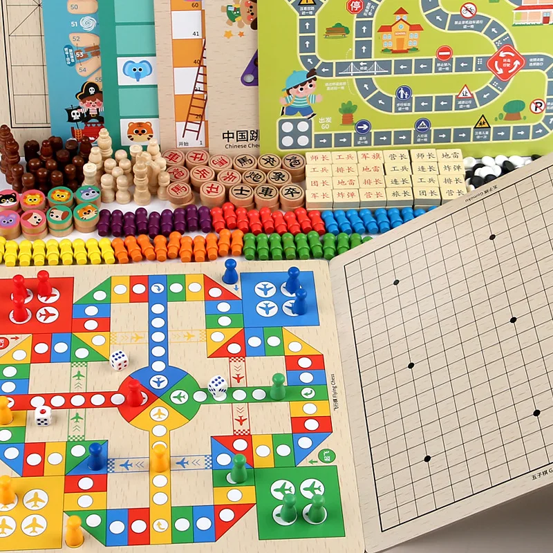 

Wooden flying chess checkers and chess 2-in-1 multi-function parent-child interactive board game children's educational toys