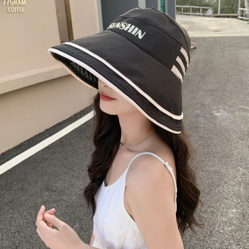 Bucket hat Women's cute outdoor sports hat Summer fashion black gel sunscreen hat Korean version sunscreen Sun hat