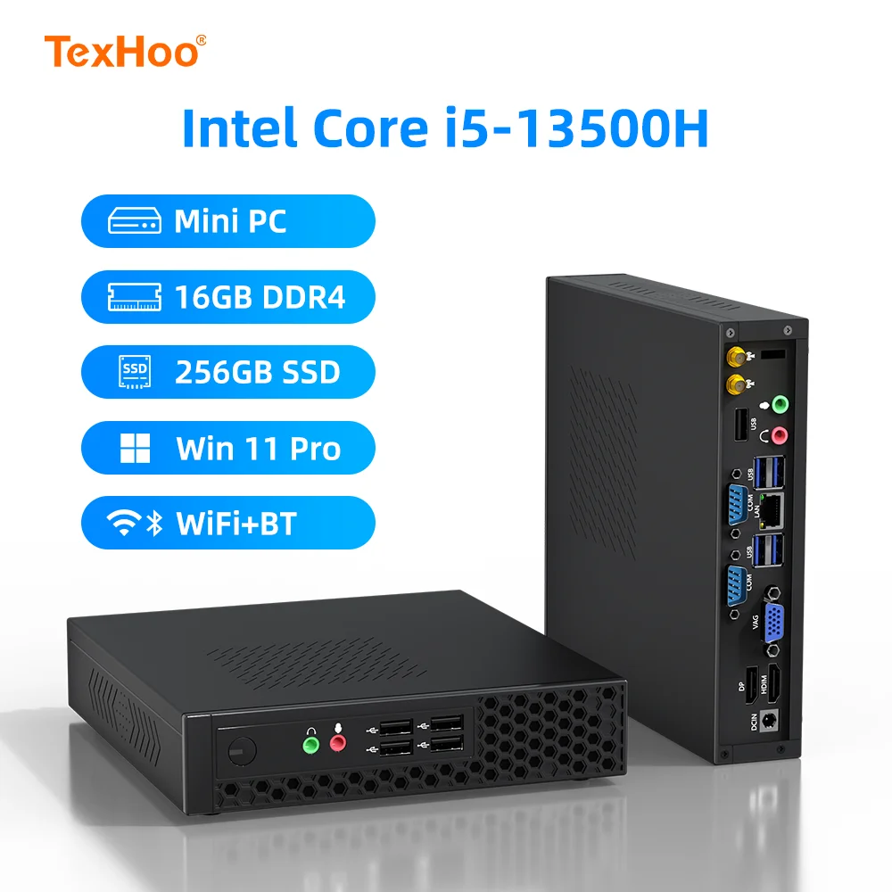TexHoo Mini PC, Intel Core i5 13500H/12450H, 8/16 GB DDR4, 256/512 GB NVMe 3.0 SSD, WiFi, BT, Windows 11 Pro, Computer da gioco ITX
