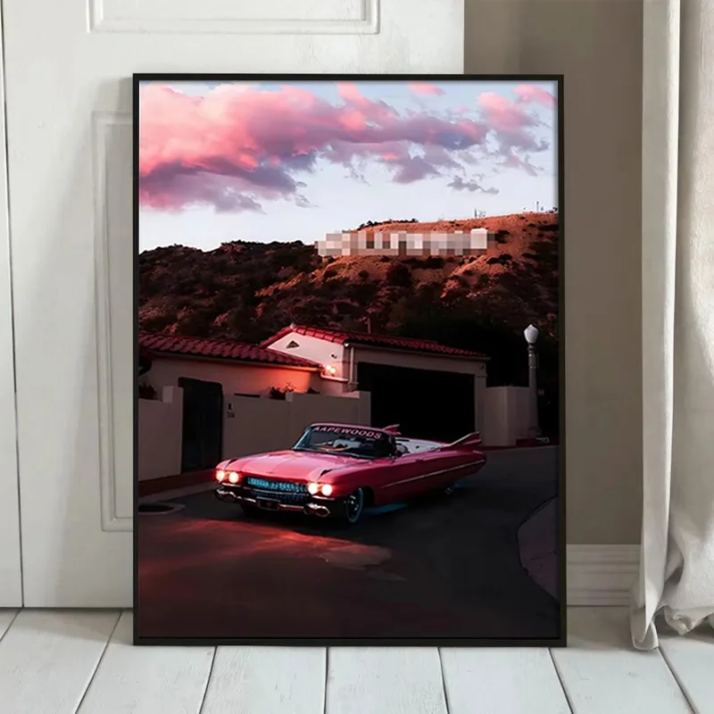Retro California Classic Convertible Car Canvas Wall Art Palm Tree Sunset Highway Scenery Poster For Bedroom Home Decoration
