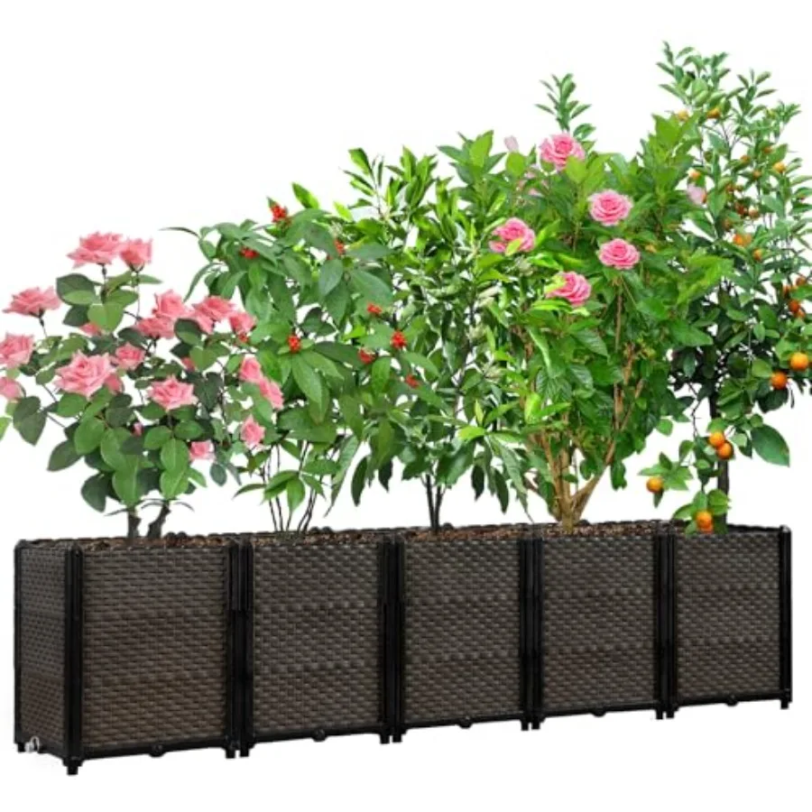 Outdoor self-watering raised planter box for patio, balcony, deck; cedar wood; natural brown; deep 19.7-inch height with draina view 2