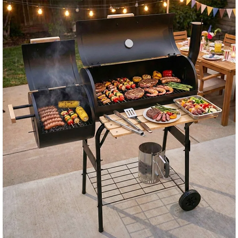 Offset Charcoal BBQ Smoker Grill Double Barrel Train Style Dual Chamber Outdoor Backyard Barbecue with Side Table Wheels