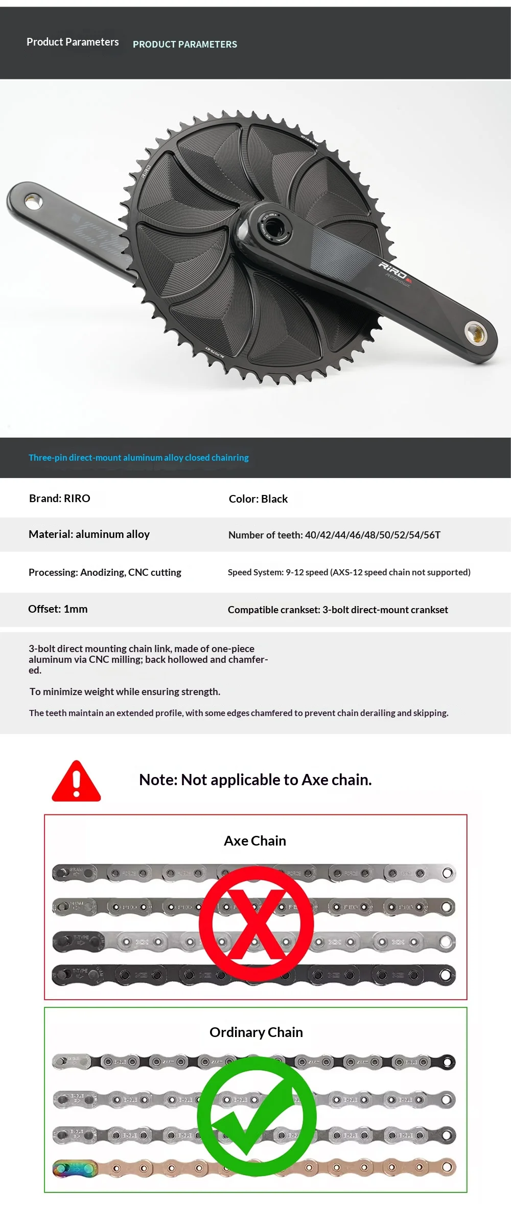 RIRO 3-Bolzen Direktmontage Fahrradkettenblatt Rennrad Narrow Wide Kettenrad 1mm Offset Rennrad Gravel Bike Kettenblatt für SRAM – Detail 9
