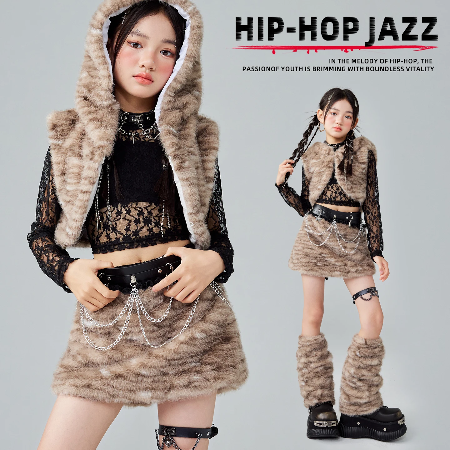 

2026 Jazz Dance Performance Stage Costumes For Girls Plush Hoodie Skirts Outfits Kids Hip Hop Dance Performance Wear DQS21705