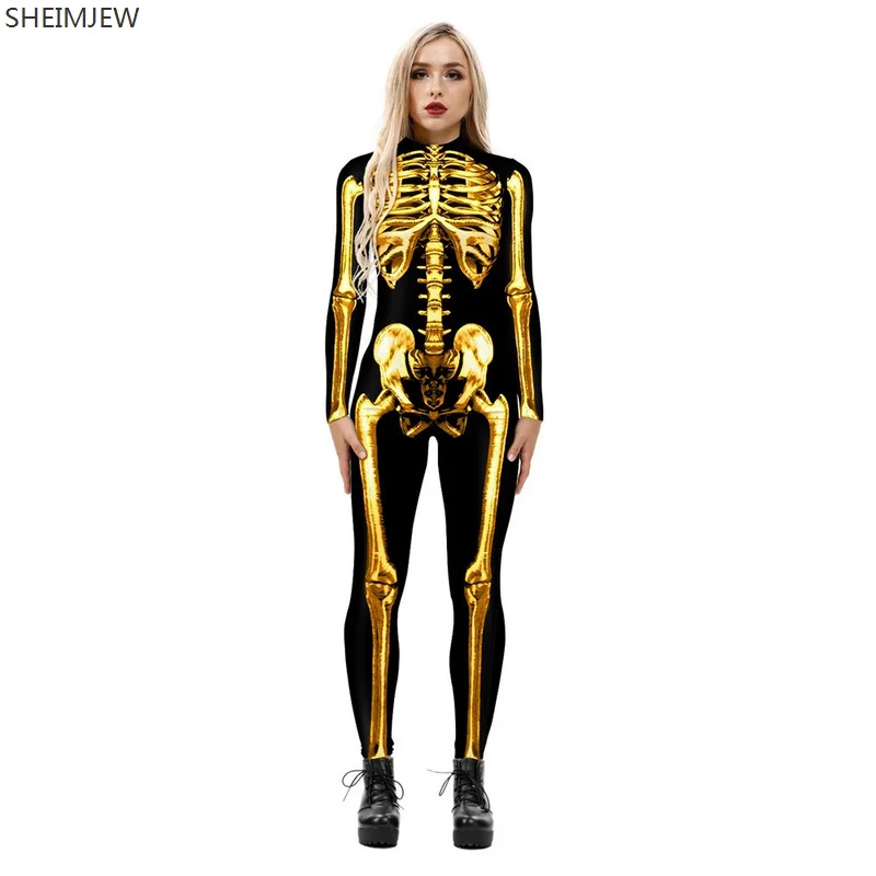 

Women Adult Gold Ghost Skeleton Print Bodysuit Halloween Cosplay Costumes Long Sleeve Carnival Party Fancy monos mujer