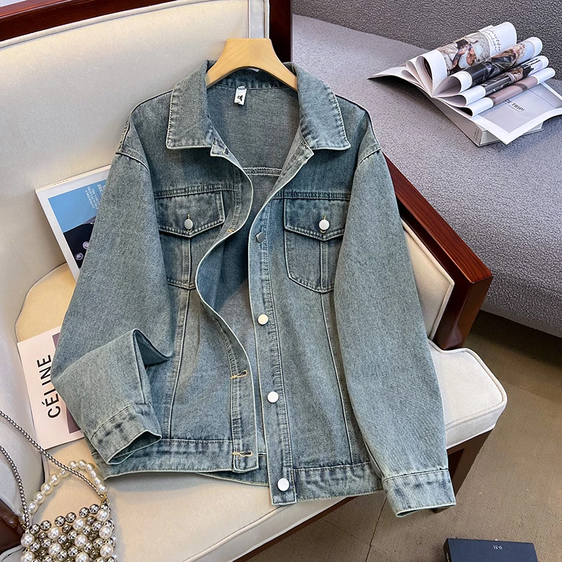 

Женская джинсовая куртка свободного кроя средней длины в стиле ретро, универсальная повседневная модель в корейском стиле с длинными рукавами и воротником