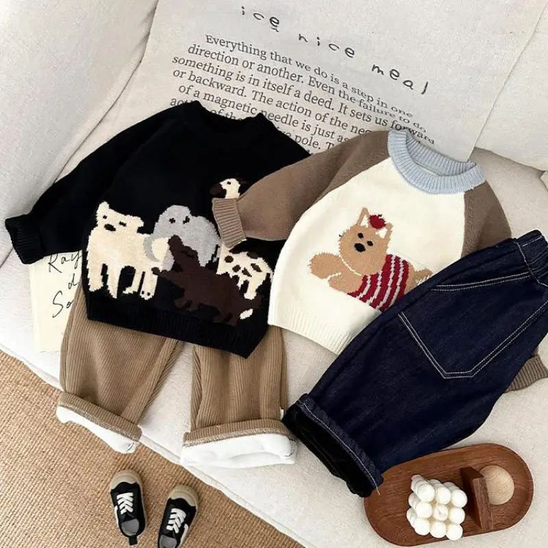 

2025 Winter New Baby Long Sleeve Sweater Boys Girls Cartoon Sweater Infant Thick Warm Knitted Tops Toddler Casual Pullover