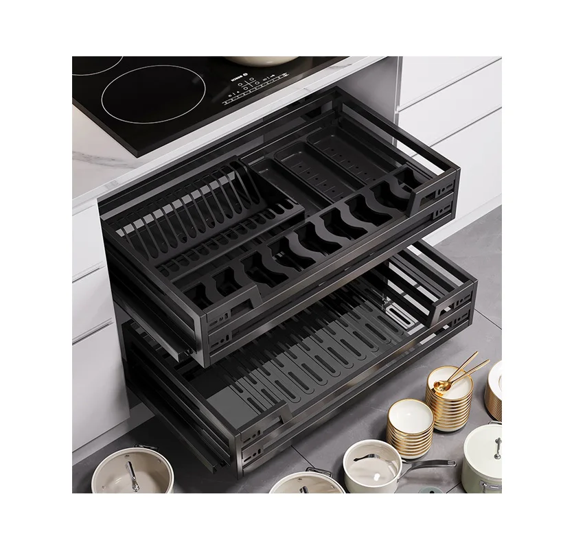

2-Tier Stainless Steel Cabinet Organizer with Pull-Out Basket Built-In Dish Rack and Dish Drying Rack for Kitchen Storagepromote
