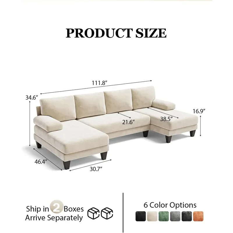 U-Shaped Sectional Couches for Living Room 112 Inch Modern Sectional Couch Warm White Chenille Sofa with Double Chaise for