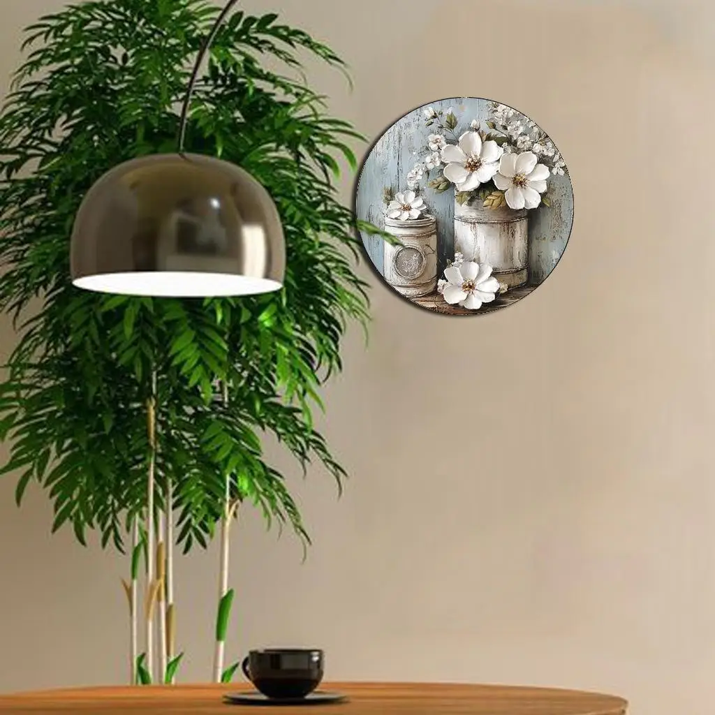 لافتة فنية جدارية من الألومنيوم مستديرة من الألومنيوم مكونة من قطعتين مسطحة ثنائية الأبعاد - برطمانات ميسون ريفية عتيقة مع زهور وخضراء، مقاس 8 × 8 بوصة متينة #6