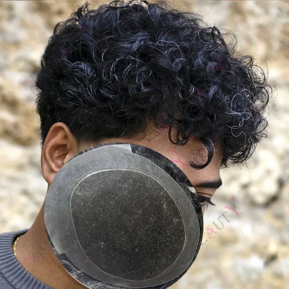 

20mm Curly Breathable Australia Lace and PU Man's Base Toupee Natural Hairline Grey Brown #6 #1b10 Men Wig Capillary Prosthesis