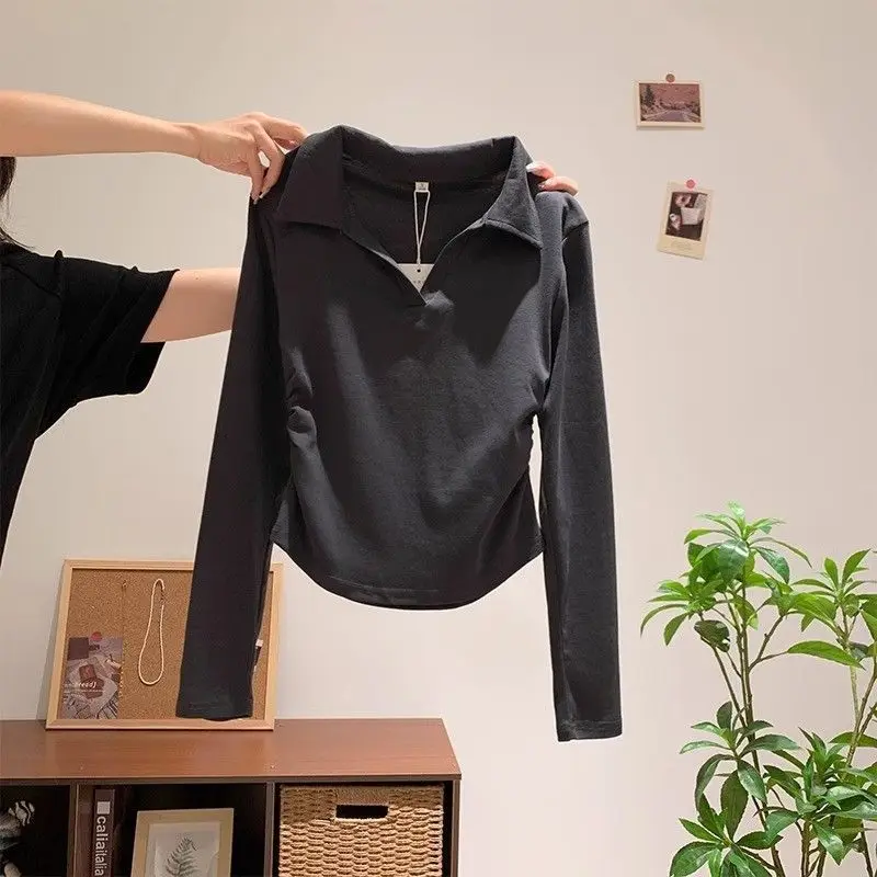 

2025 New Wrinkle Short Style Spring Chic Fashion Female Clothes Heavy Cotton POLO Lapel Long Sleeve T-shirt for Women in Autumn