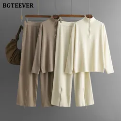 BGTEEVER Autumn Winter Warm Trouser Set Ladies Knitted Zipper Pullover & Wide Leg Trousers Women Sweater Suits