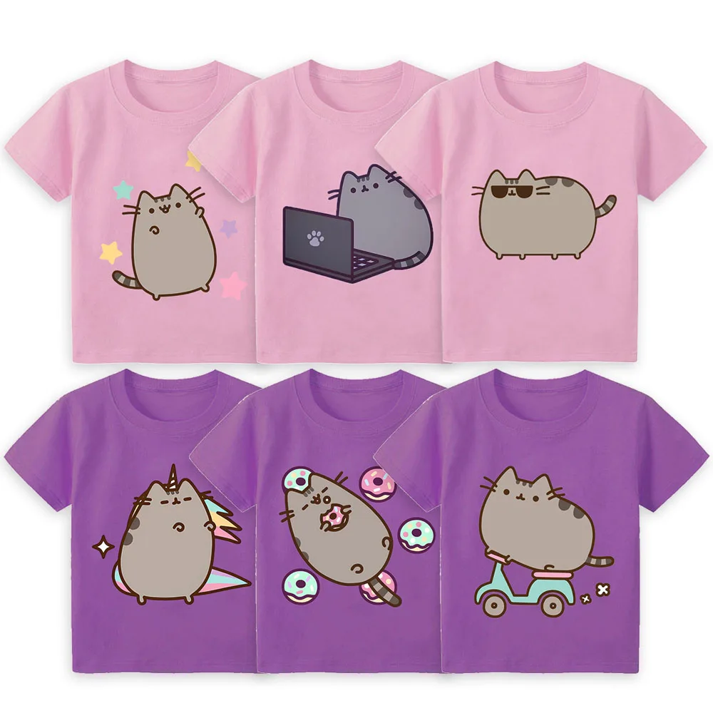 Pusheen Kids Cute Cotton T-shirt Girls Anime Printed Tees Summer Boys New Casual Toppers Childrens Fashion Short Sleeve Clothing