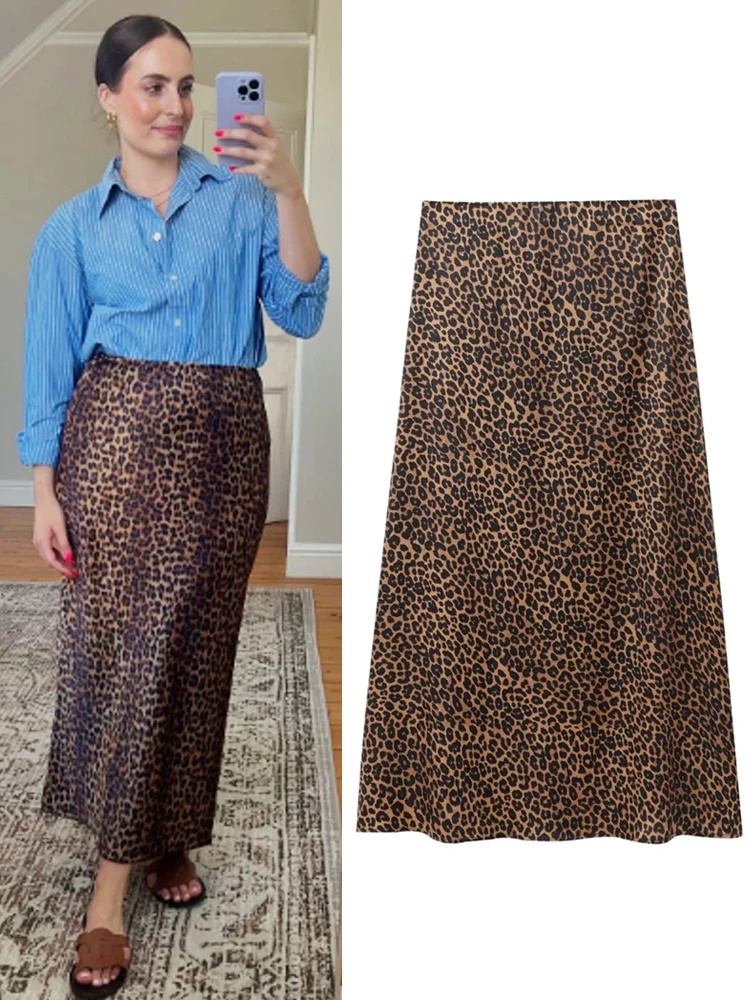 

HXAO 2024, женская леопардовая юбка, модная юбка, атласная женская юбка, винтажная миди, элегантная атласная юбка с леопардовым принтом и высокой талией