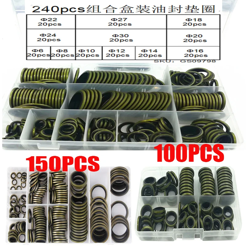 

240/150/100pcs Bonded Seal Sealing Ring Assortment Kit Oil Drain Screw Combined Washer Seal M6 M8 M10 M12 M14 M16 M18 M20 M22