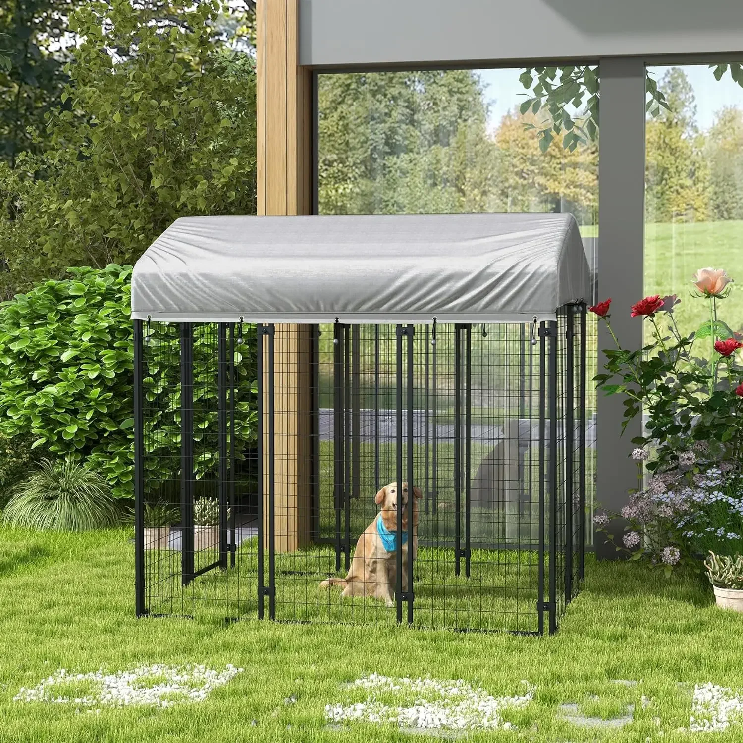 Dog Playpen Outdoor, Dog Kennel Dog Exercise Pen with Lockable Door, Water-Resistant Canopy, for Medium And