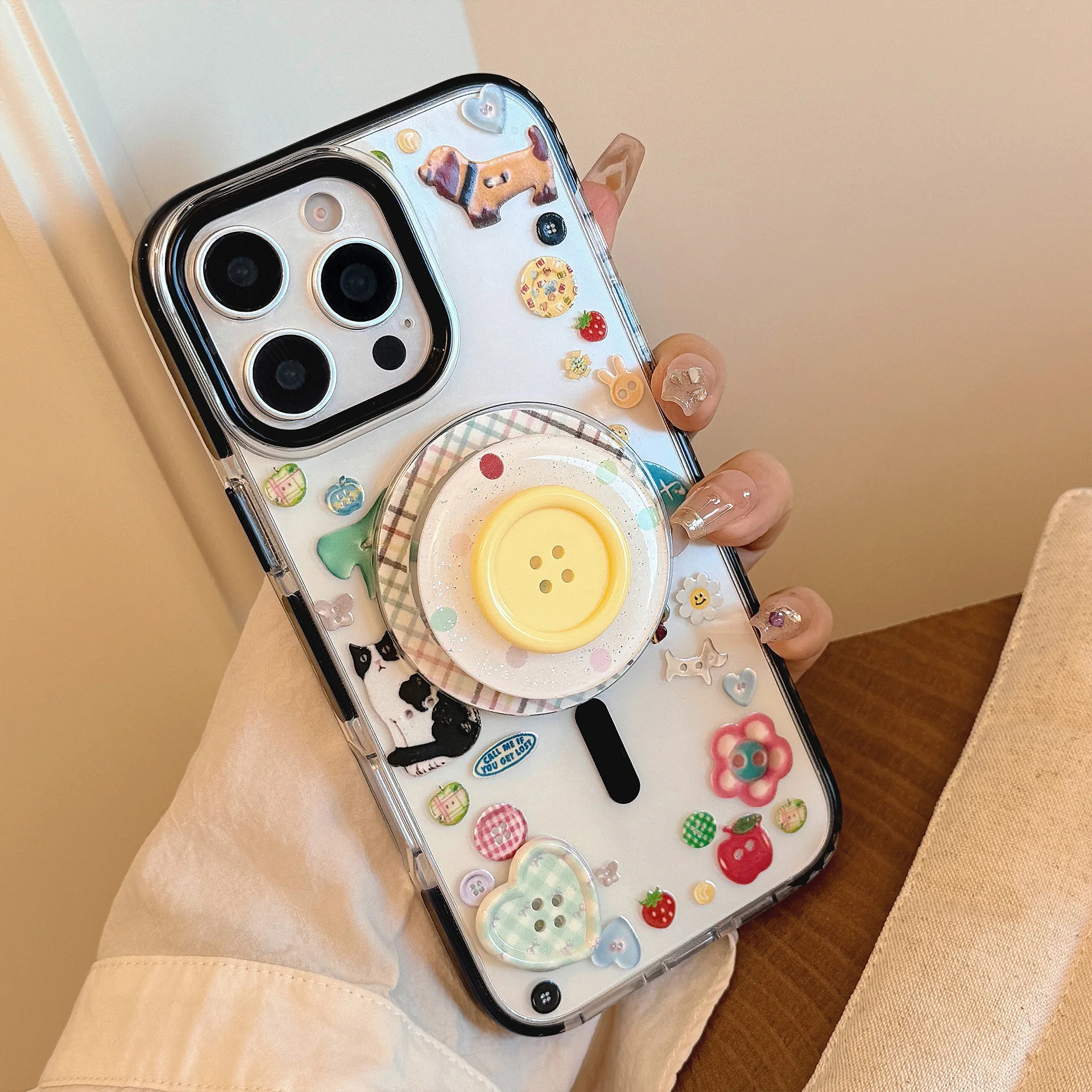 Koreanische Graffiti 3D-Gittermuster-Knopfhalterung, magnetische Handyhülle für iPhone 17, 16, 15, 14, 13, 12, Pro Max, klare, stoßfeste Abdeckung