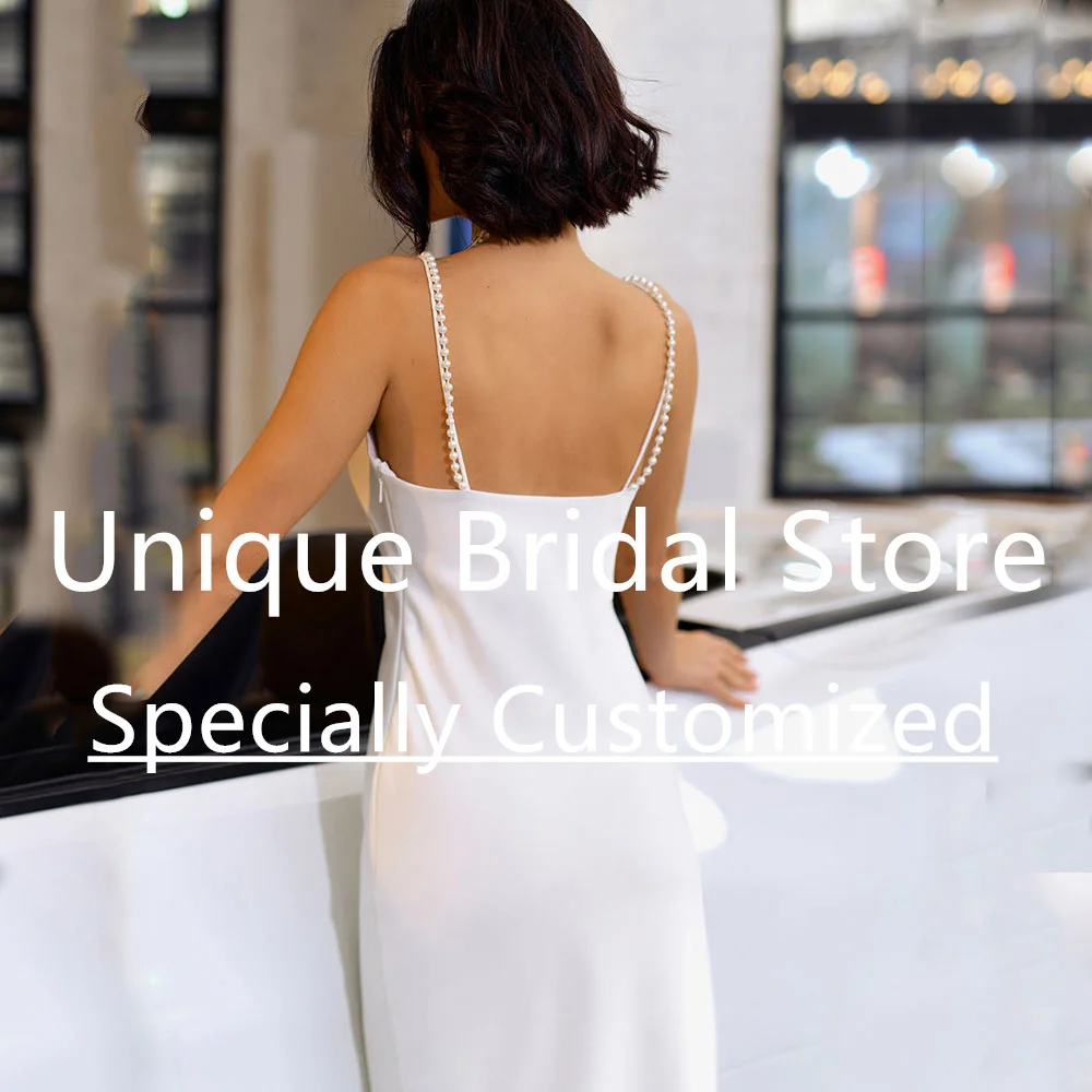 Sexy White Wedding Dress V-Neck Shoulder Decoration Spaghetti Strap Back Zipper Side Split Tea-Length Mini Vestido De Noiva