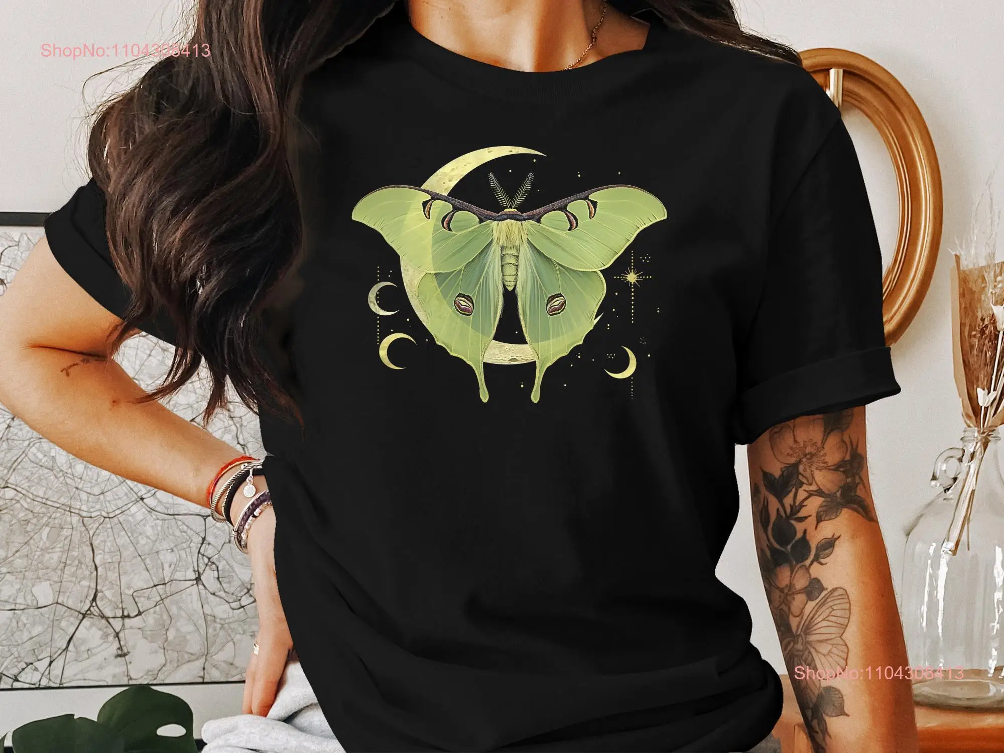 Koszulka Luna Moth Niebiańska faza księżyca Inspirowana naturą Ekologiczna bawełniana koszulka z długimi lub krótkimi rękawami