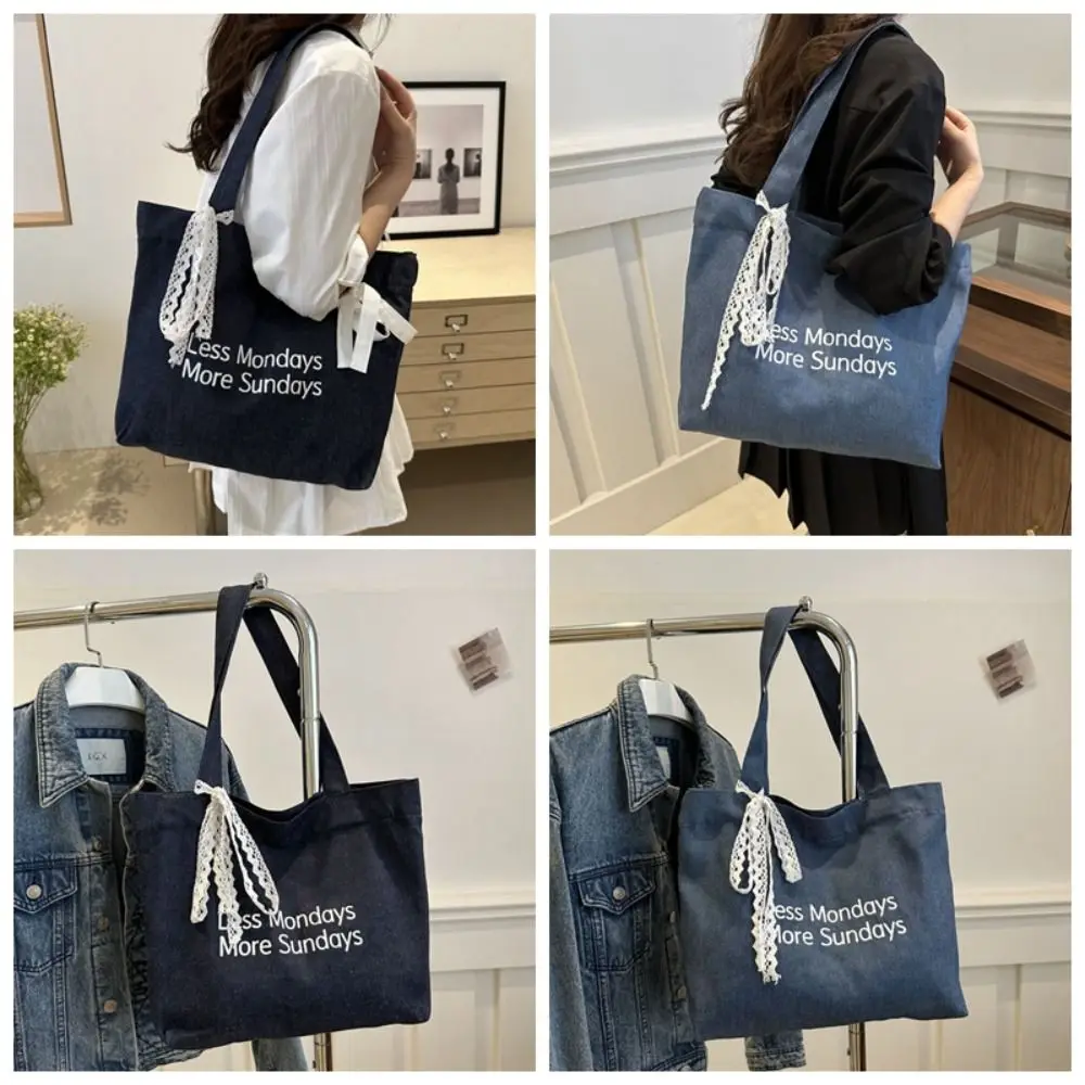 Large Capacity Denim Tote bag Multifunctional Shopping Bags Printed handbag Fashion Denim fabric Lace scarf shoulder bag Girl