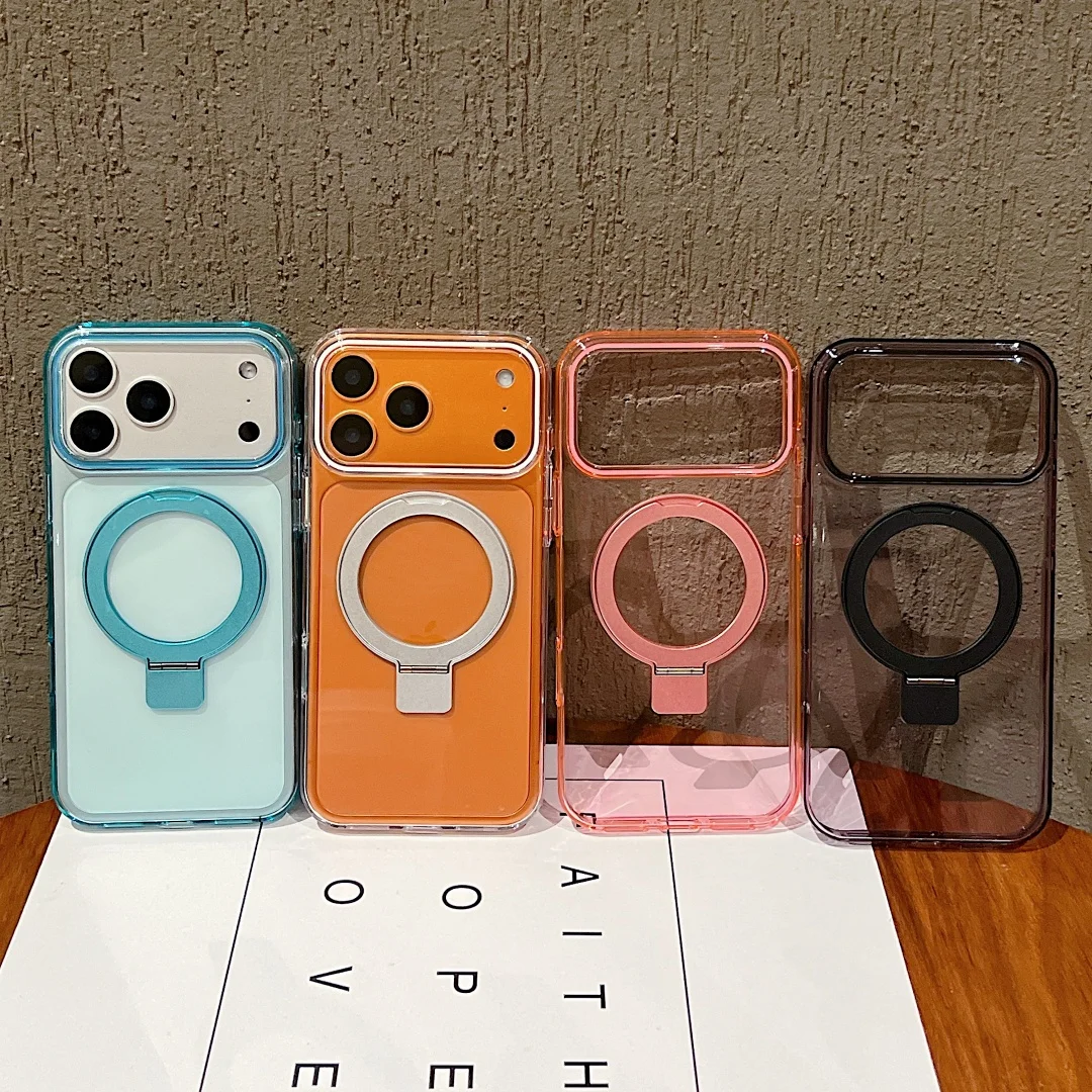 Clear Case for iphone 17 16 Air Pro Max Built-in Magnet Contrast Color Metal Stand Raised Lens Lips Protection Soft TPU Case
