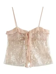 2025 New Women Chic Pleated Ruffles Top Sequined Design Chiffon Sling Camis Tank Lady Backless Short Crop Shirt Blouse Tops