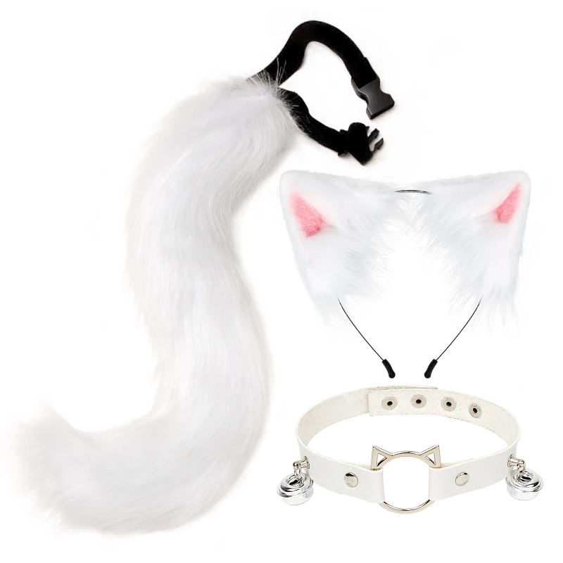 Fluffy for CAT Ears Hair Hoop Bell Leather Collar Animal Tail Set Cosplay Costum Drop Shipping