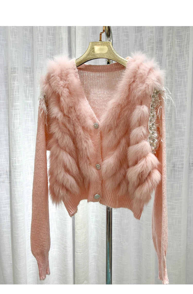 2023 New Women Real Fox Fur Oversize Loose Spring Fox Fur Strip Sewed Together Outside Decoration Lady Fashion Sweater Cardigan