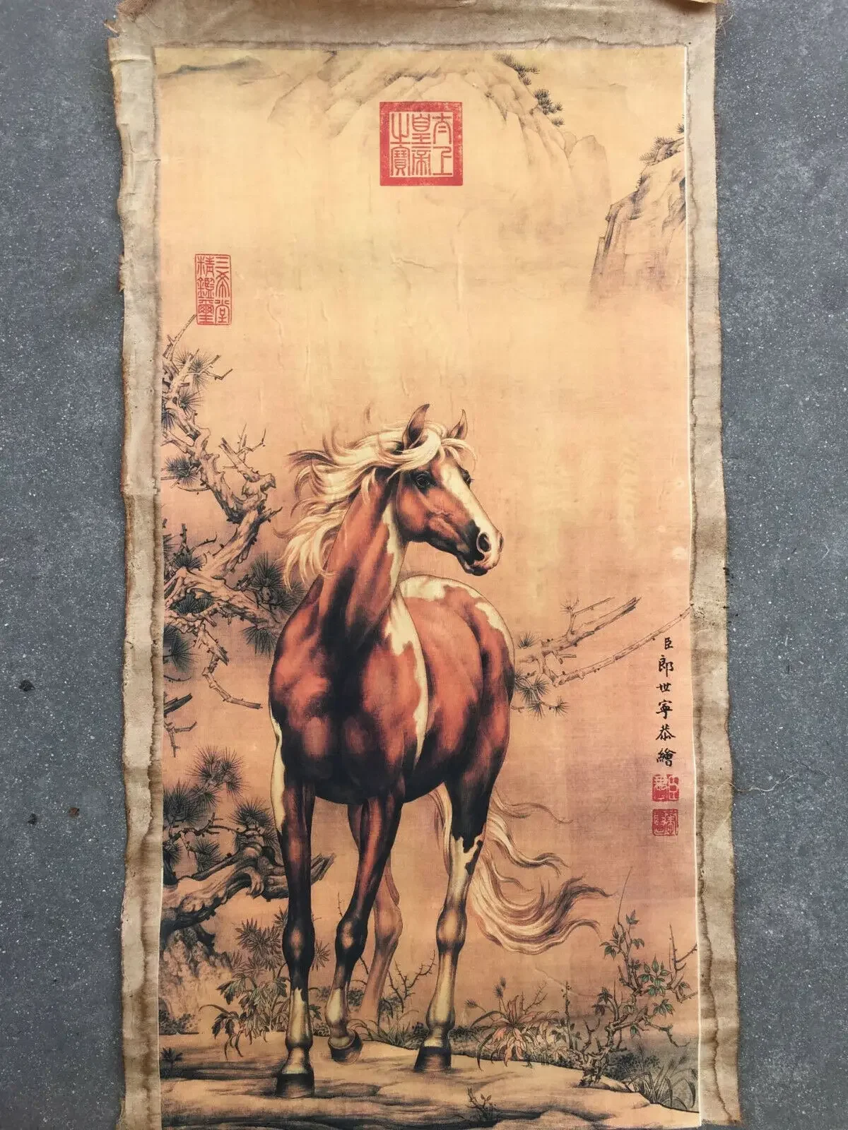 China Old Scroll Lang Shining's Steeds Horse Painting Slice
