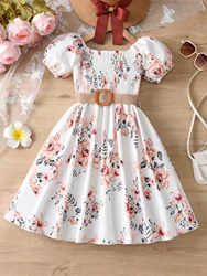 Glamorous dress girl floral pattern puff sleeves pleated belt belt princess dress party beach vacation kids summer clothes