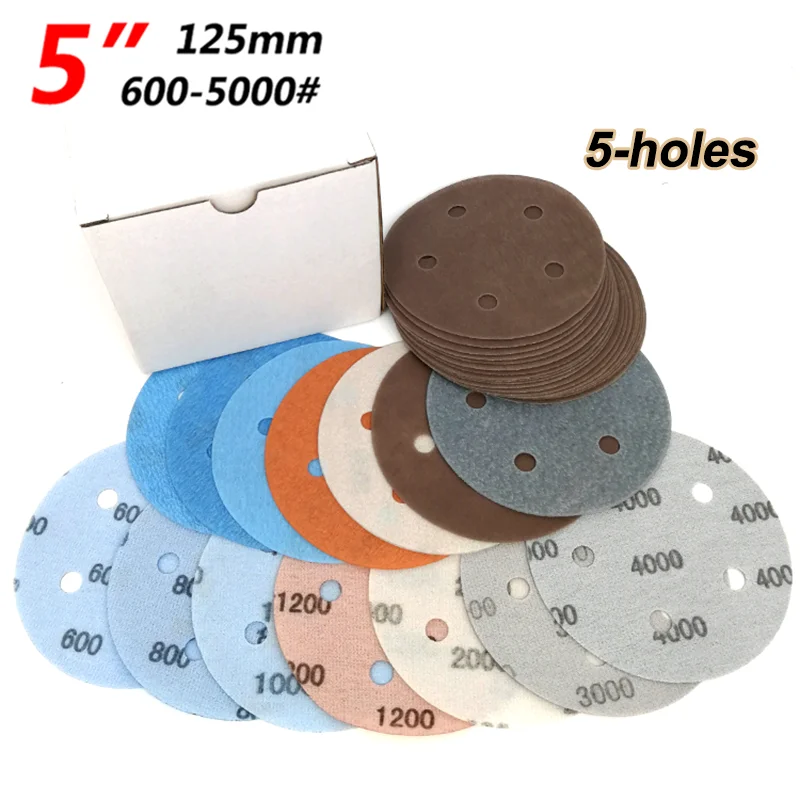 

5" 125mm Sandpaper Disc 5-Holes 1/5/10pcs Grit 600-5000# Dry/Wet Flocked Sanding Disc Hook&Loop Pad For Grinding Polishing Tools