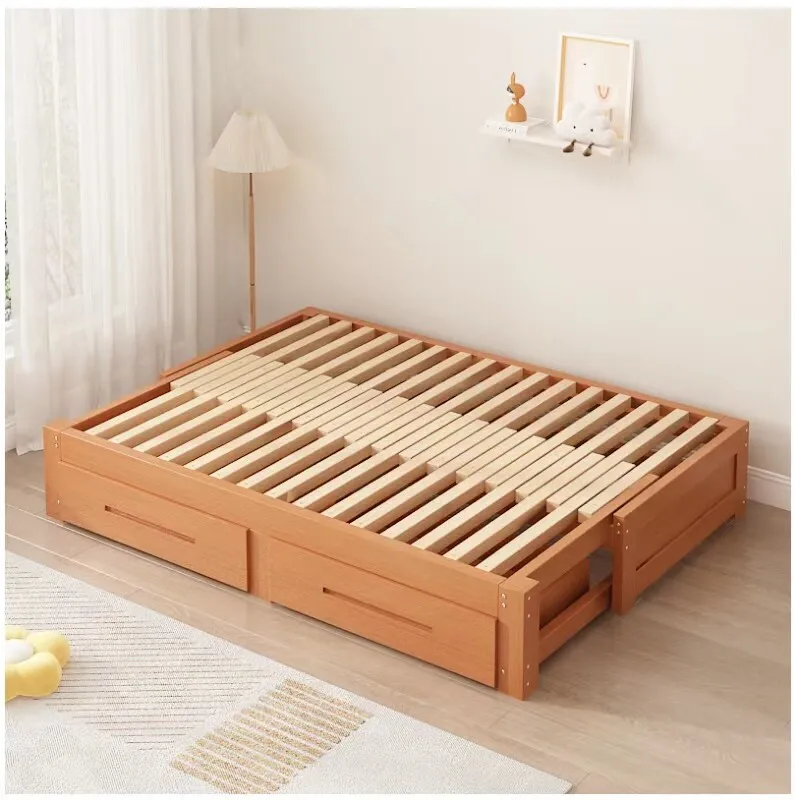 Solid wood row skeleton bed without bedside custom 1 meter 51.2m small apartment folding retractable tatami bed with drawers