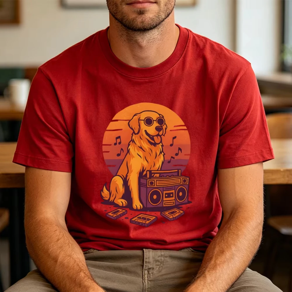 Retro Boombox Dog Sunglasses Men T Shirt Summer Cassette Tape Music Tee Vintage Eighties Pop Culture Print Clothes