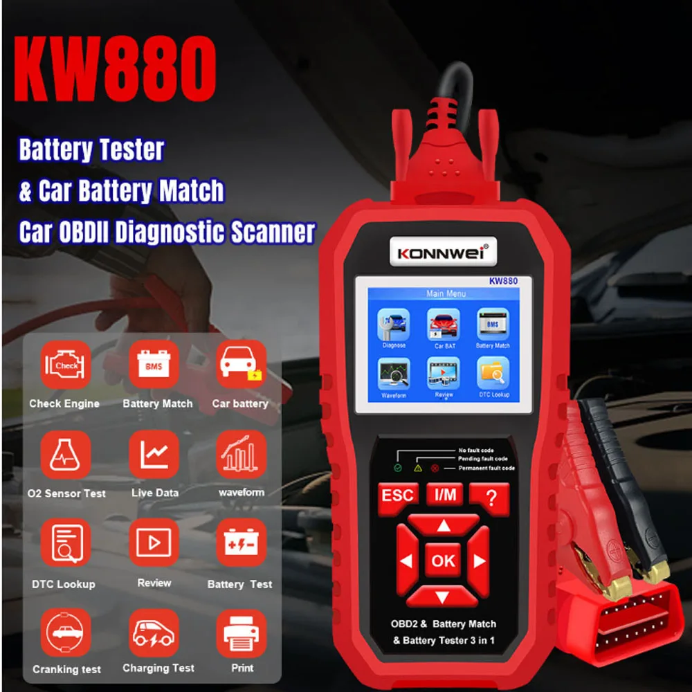KW880 3-in-1 OBD2 Car Fault Diagnostic Tool Auto Battery Tester Battery Matching Scanner Vehicle Code Reader Professional Automo