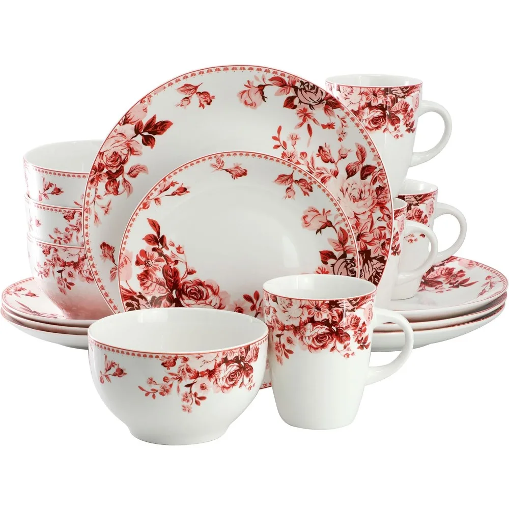 

Elegant Rose Stoneware Dinner Set for Four in Traditional Red