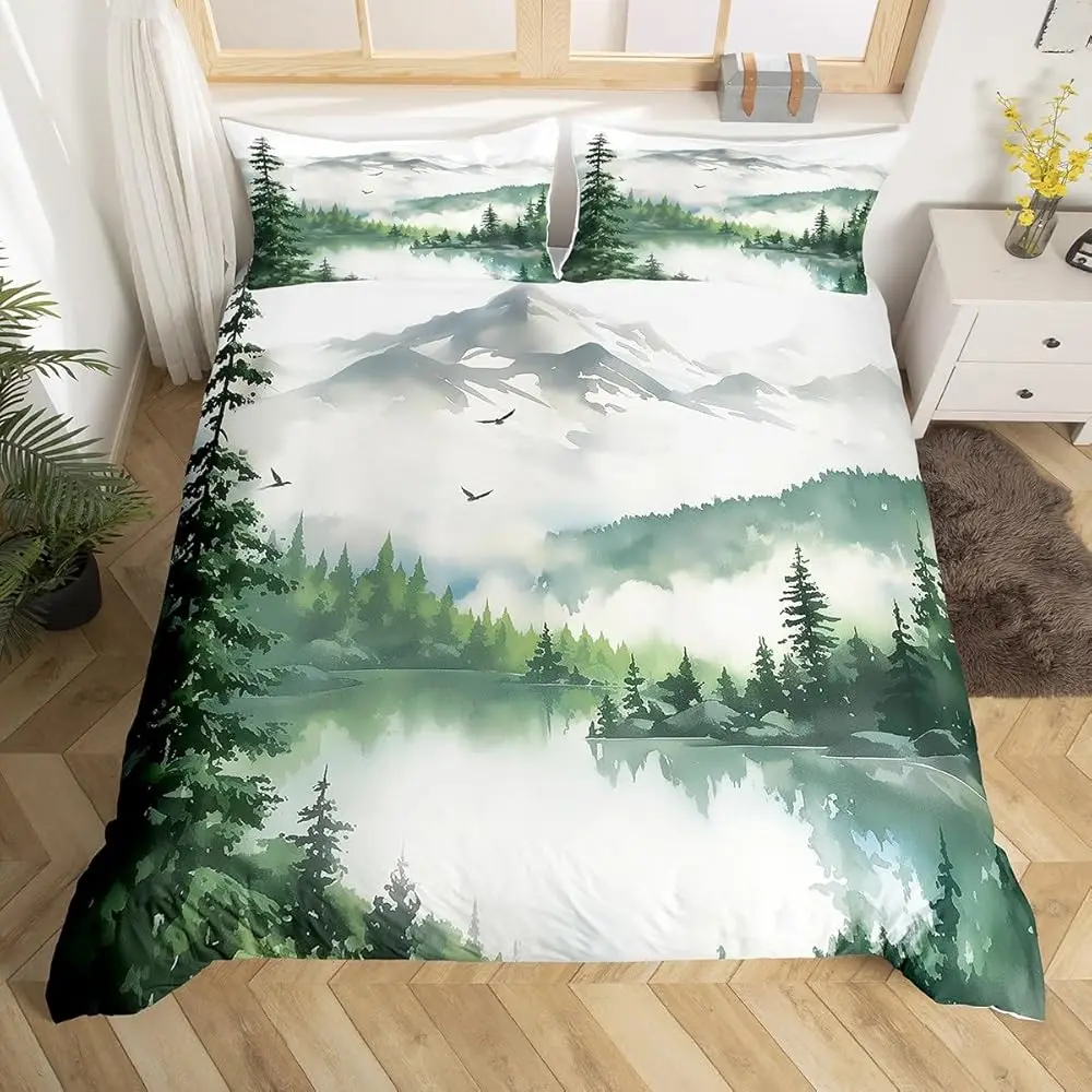 

Комплект постельного белья Mountain Lake Life King-size, с рисунком в стиле масляной живописи и акварели, с изображением растений, природы, леса и деревьев, пододеяльник, C