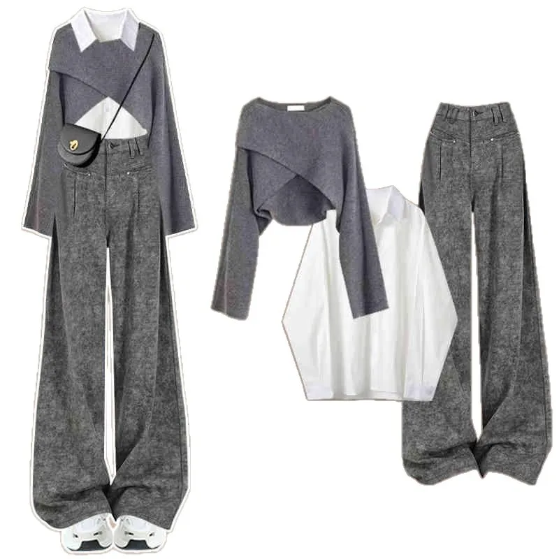 Fashion Women's Set Autumn and Winter New Knitted Sweater Shirt Temperament Casual Wide Leg Pants Three Piece Set
